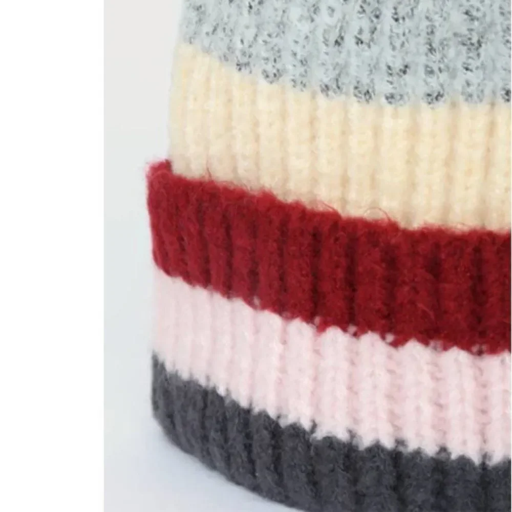 NEW‎ Peak Cozy Grey Multi Striped Ribbed Knit Beanie